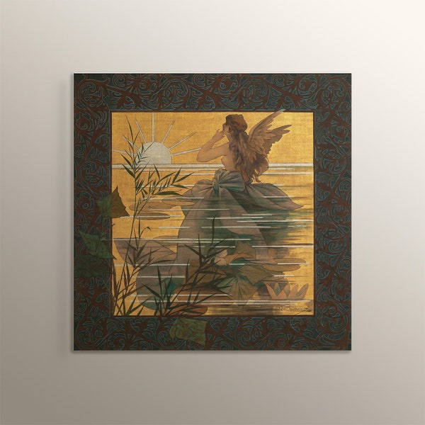 Alexandre de Riquer Composition avec nymphe ailée au lever du soleil Peinture Impression de haute qualité sur MDF Wall Art Cafe Restaurant Home Office Decor