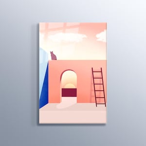 Impresiones de arquitectura abstracta mínima, póster rosa, arte de pared de gato y escalera, dibujos arquitectónicos, pintura de pared impresa en vidrio templado