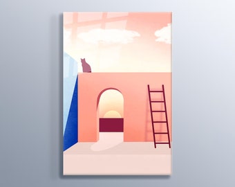 Minimal Abstract Architecture Prints Pink Poster Cat and Ladder Wall Art Architectural Drawings Wall Painting Print On Tempered Glass