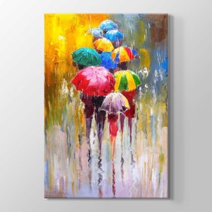 Abstract Canvas Wall Art Rain Modern Print Painting Colorfull Umbrella Rainy Day Walking on the Street Canvas Living Room Home Decoration