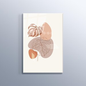 Modern Boho Style Abstract Leaves High Quality Wall Painting Print On Tempered Glass Housewarming Gift, Bedroom, Cafe Restaurant Decor Home