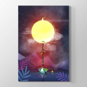 Rabbit Swimming with Leaf in the Lake in the Moonlight Kids Wall Art High Quality Painting Print On Canvas Kids Room Painting Wall Art Decor