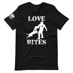 May include: Black t-shirt with a white silhouette of a person and a dog with the text "LOVE BITES" in a distressed font.