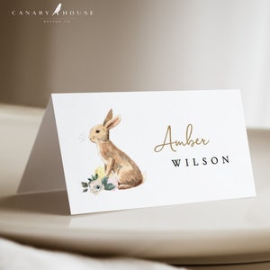 Easter Place Card Template, Printable Easter Place Cards, Editable Spring Party Food Card, Watercolor Bunny Name Cards, 3.5x2 - Easter