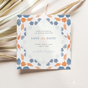 Boho Tile Save the Date Template, Watercolor Moroccan Tile Wedding Saver, Editable Invite, Printable Save the Date, 5 x 5 Square