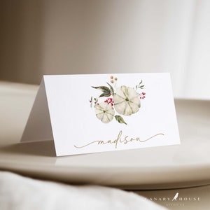 Thanksgiving Place Card Template, Neutral Watercolor Pumpkins, Fall Place Cards, Printable Party Food Card, Editable Name Card, 3.5x2