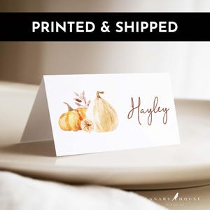 Tarjetas de lugar para Acción de Gracias, Tarjetas de lugar plegadas en blanco, Calabazas de acuarela, Tarjetas de lugar impresas, Tarjetas de comida para buffet de Acción de Gracias - 3.5x2