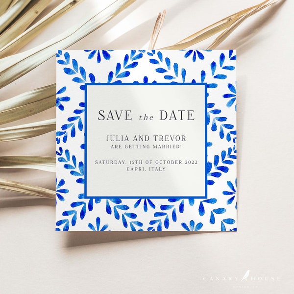 Mediterranean Blue Wedding Save the Date Template, Positano Blue Tile Wedding Saver, Editable Invite, Printable Save the Date, 5 x 5 Square