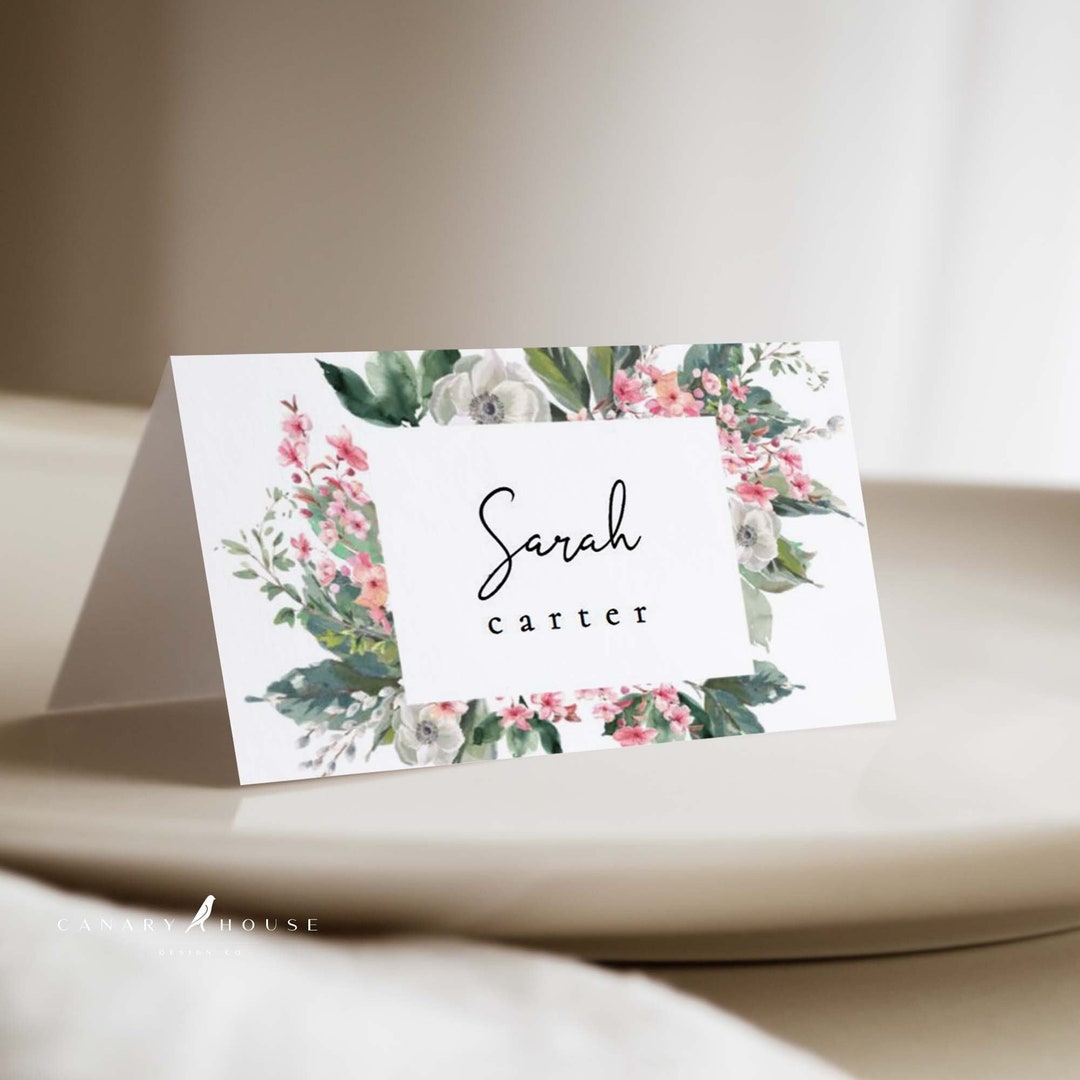 Floral Place Card Template, Printable Spring Place Cards, Editable