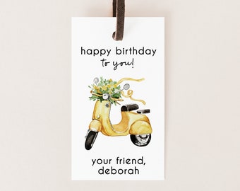 Yellow Scooter Birthday Gift Tag Template, Printable Birthday Tag, Watercolor Scooter Editable Birthday Gift Tag, 2x3.5 - Gift Tags