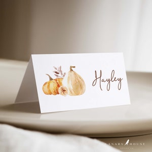 Thanksgiving Place Card Template, Classic Watercolor Pumpkins, Fall Place Cards, Printable Party Food Card, Editable Name Card, 3.5x2