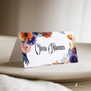 Gothic Halloween Place Card Template, Printable Floral Halloween Place Card, Editable Halloween Party Food Card, Spider Web Name Card, 3.5x2