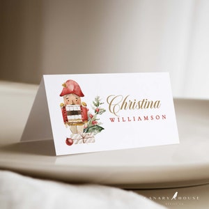 Christmas Place Card Template, Printable Nutcracker Place Cards, Editable Holiday Place Cards, Watercolor Nutcracker Tree, 3.5x2 - Holiday
