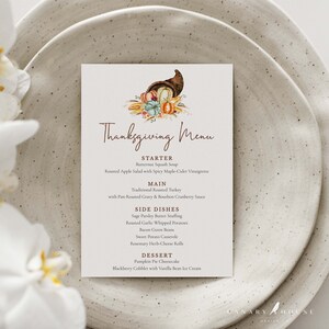 Thanksgiving Dinner Menu Template, Classic Watercolor Cornucopia Menu, Fall Dinner Menu, Editable Menu Card, Printable Fall Dinner Menu