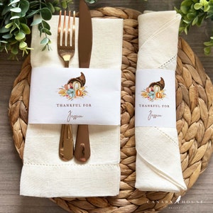 Thanksgiving Place Card Template, Printable Thanksgiving Napkin Wrap, Friendsgiving Name Card, Classic Watercolor Cornucopia, Multiple Sizes