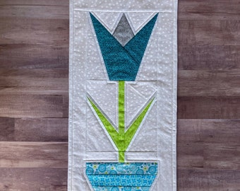 Handmade Tulip Wall Quilt – Batik Cotton Floral Hanging (10.5x24.5)