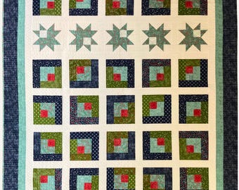 Handmade Log Cabin Throw Quilt: Moda Cotton, Sawtooth Star Design