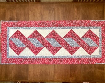 Handmade Christmas Table Runner – Quilted Decor Red and Grey Snowflake