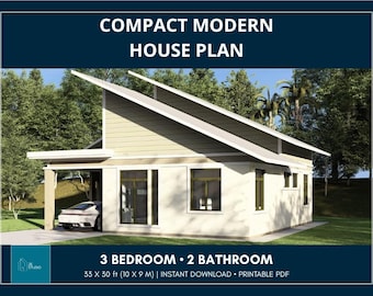 May include: A compact modern house plan featuring a single-story structure with a slanted roof, light-colored exterior walls, and a carport. The text reads: COMPACT MODERN HOUSE PLAN, 3 BEDROOM 2 BATHROOM, 33 X 30 ft (10 X 9 M) INSTANT DOWNLOAD PRINTABLE PDF.
