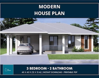 Modern House Plans 12x13m 40x43 ft | 3 Bedroom 2 Bath PDF Blueprint | Single Story Family Home Design | Instant Download
