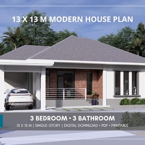 Puede incluir: Plano de casa moderna con techo gris y exterior blanco. El plano incluye 3 dormitorios y 3 baños. El texto en la imagen dice: 13 x 13 M Modern House Plan, 3 Bedroom, 3 Bathroom, 13 x 13 M, Single-Story, Digital Download, PDF, Printable.