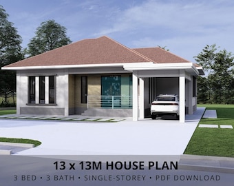 13x13m Minimalist House Plan | 3 Bedroom 3 Bathroom | Modern Single-Storey | PDF Download