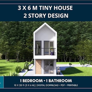 以下が含まれることがあります： 3 x 6メートルの2階建てタイニーハウスのデザイン。白い外壁、木製のドア、上階のバルコニーが特徴です。画像内のテキストには「3 X 6 M TINY HOUSE 2 STORY DESIGN 1 BEDROOM 1 BATHROOM」と記載されています。