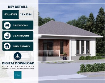 House Plan 13x9.5 Meter 3 Bedrooms 43x31 Feet Full PDF Plans (A4 Hard Copy