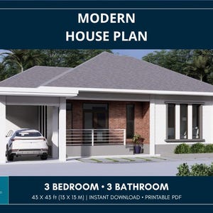 Può includere: Un piano casa moderno che mostra una residenza a un piano con tetto a padiglione grigio, pareti esterne bianche e accenti in mattoni rossi. Il design include un posto auto coperto con un'auto bianca, un portico con ringhiera e 3 camere da letto.