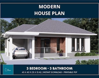 May include: A modern house plan featuring a single-story residence with a gray hip roof, white exterior walls, and red brick accents. The design includes a covered carport with a white car, a front porch with a railing, and 3 bedrooms and 3 bathrooms.