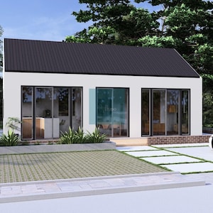 Puede incluir: Una casa blanca moderna con techo negro y grandes ventanales. Un coche deportivo blanco está estacionado en el camino de entrada. El paisajismo incluye plantas verdes y una pasarela pavimentada.