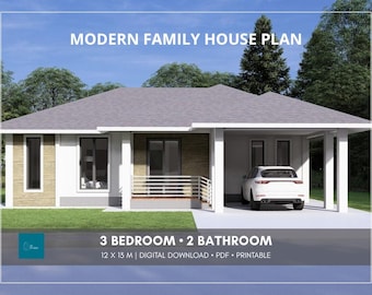 Può includere: Un piano casa familiare moderno con design a un piano, esterno bianco, tetto grigio e posto auto coperto integrato. Il testo recita MODERN FAMILY HOUSE PLAN, 3 BEDROOM 2 BATHROOM, 12 X 13 M, DIGITAL DOWNLOAD, PDF, PRINTABLE.