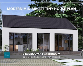 Plano de minicasa minimalista moderna de 6 m x 10 m / 2 dormitorios + 1 baño / Descarga digital