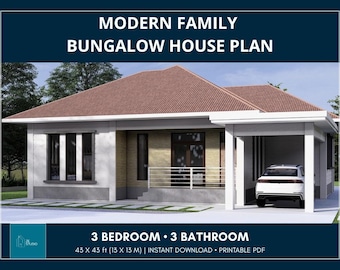 13x13m (43x43ft) Modern Minimalist House Plan | 3 Bedroom 3 Bathroom Bungalow Design | Single Storey Home PDF | Instant Download