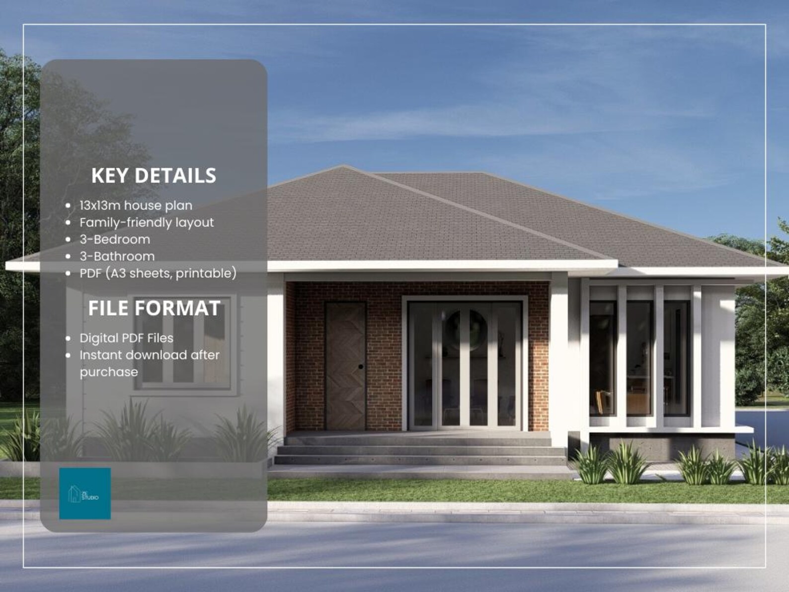 13x13m Modern Family House Plan | 3 Bedroom 3 Bathroom | Single Storey ...