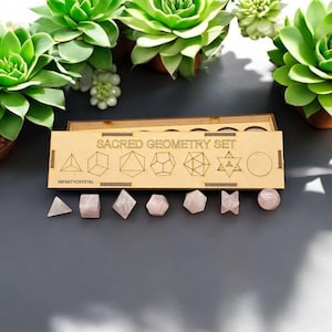7 PCS Pink Rose Quartz Sacred Geometry Set 7-Pcs,Geometry Platonic Solids Set, Crystal Set For Healing, Grid Board Wooden Box Gifts.
