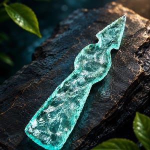 May include: A translucent, light green, glass-like object shaped like a spearhead or arrowhead. The surface features a textured, chipped appearance with sharp, jagged edges and a pointed tip, resting on a dark, rough, uneven stone surface.