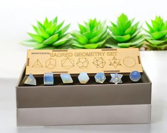 Opalite Sacred Geometry Set – 7pcs Platonic Solids, Meditation Crystals