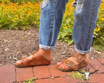 Hand tooled leather sandals deals