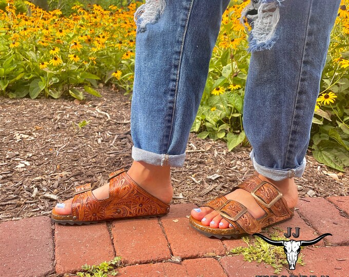 Western Tooled Leather Sandals - Etsy