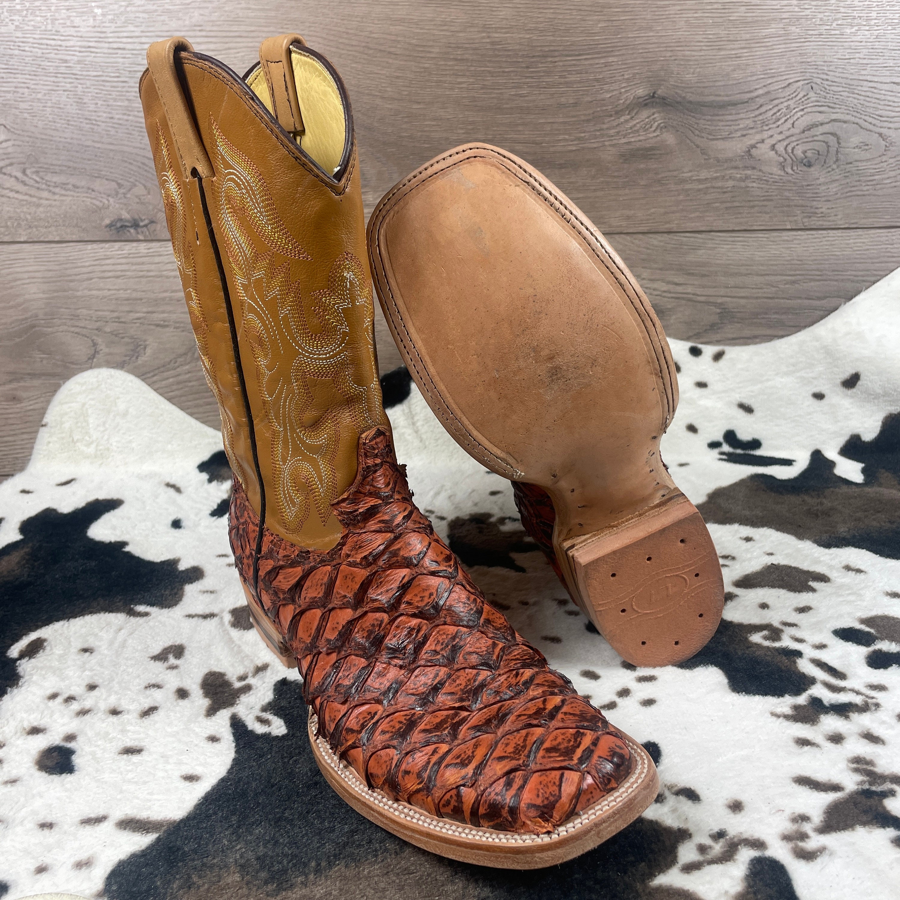 Genuine Exotic Rust Orange Fish Scale Square Toe Boots Etsy