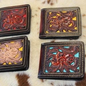 Hand Made Mexico Leather HandTooled Floral Wallet- Carteras Cincelado Piel Vaqueta Calidad