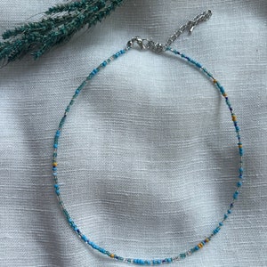 Perlenkette im Boho Stil, bunt, pastell, Perlenchoker Blau Mix