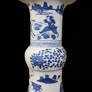 Antique Chinese blue & white porcelain vase Gu hand painted Immortals