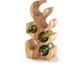 Wooden Tree Sculptured Wine Rack 6 Bottles Rustic Sculptural Holder Solid Albizia Wood Hand Carved Free Standing Storage