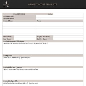 Op de afbeelding: Een blanco project scope-sjabloon met de titel "Project Scope Template" en de tekst "Business Project Scope Template" onderaan.