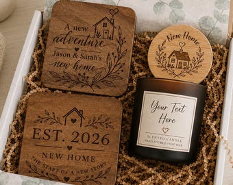 Personalised New Home Gift box Coasters and Candle set (engraved & hand poured)