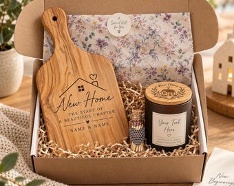 Personalised Olive Wood Chopping Board & Candle Gift Set (New Home)