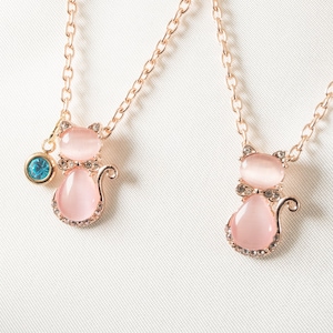 Rose Quartz Cat Necklace & Birthstone Charm |Natural Crystal Friendship Energy Healing Animal Gold valentine Jewellery Personalised Gift Her