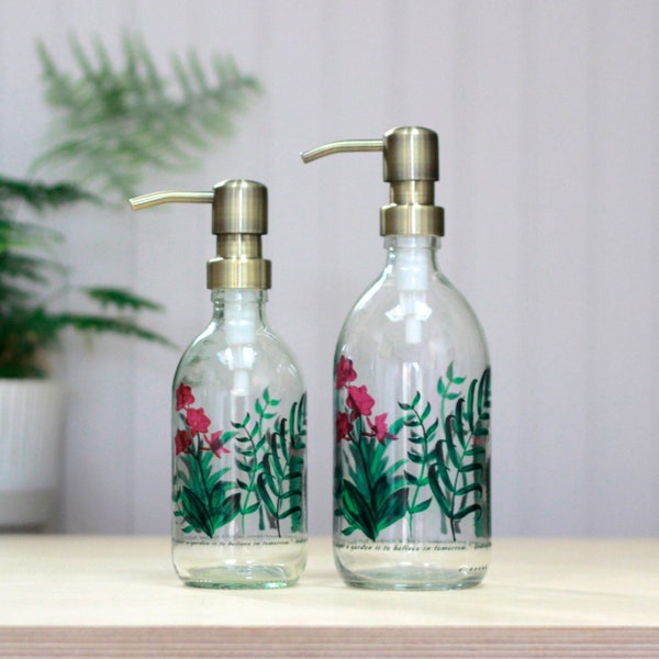 Plant Patterned Refillable Soap Dispenser Bottle | British Designer | Black/Brass Pump | Eco Friendly Gift | Glass | Zero Waste | Reusable